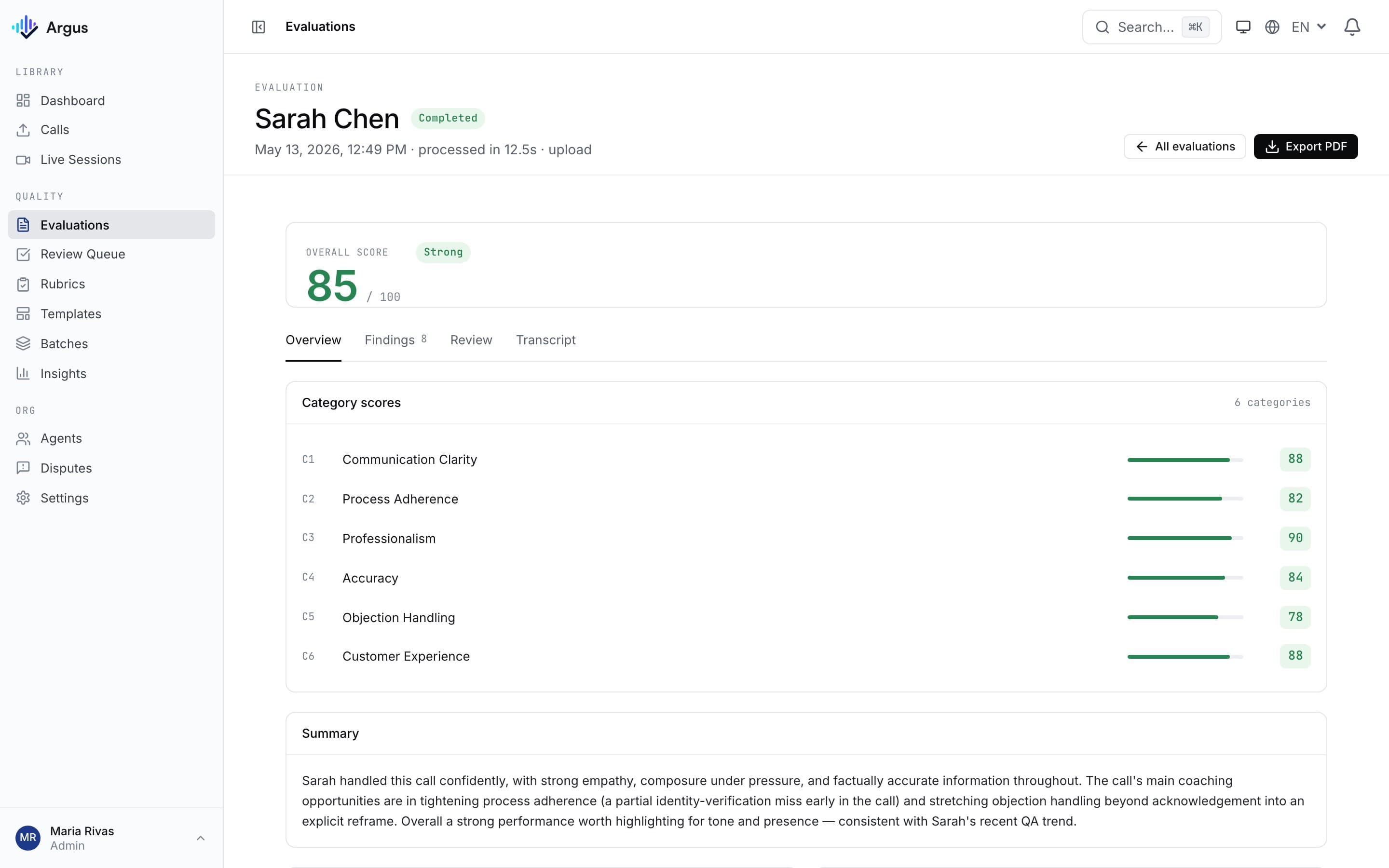 Argus evaluation report with overall score, category scores, and summary