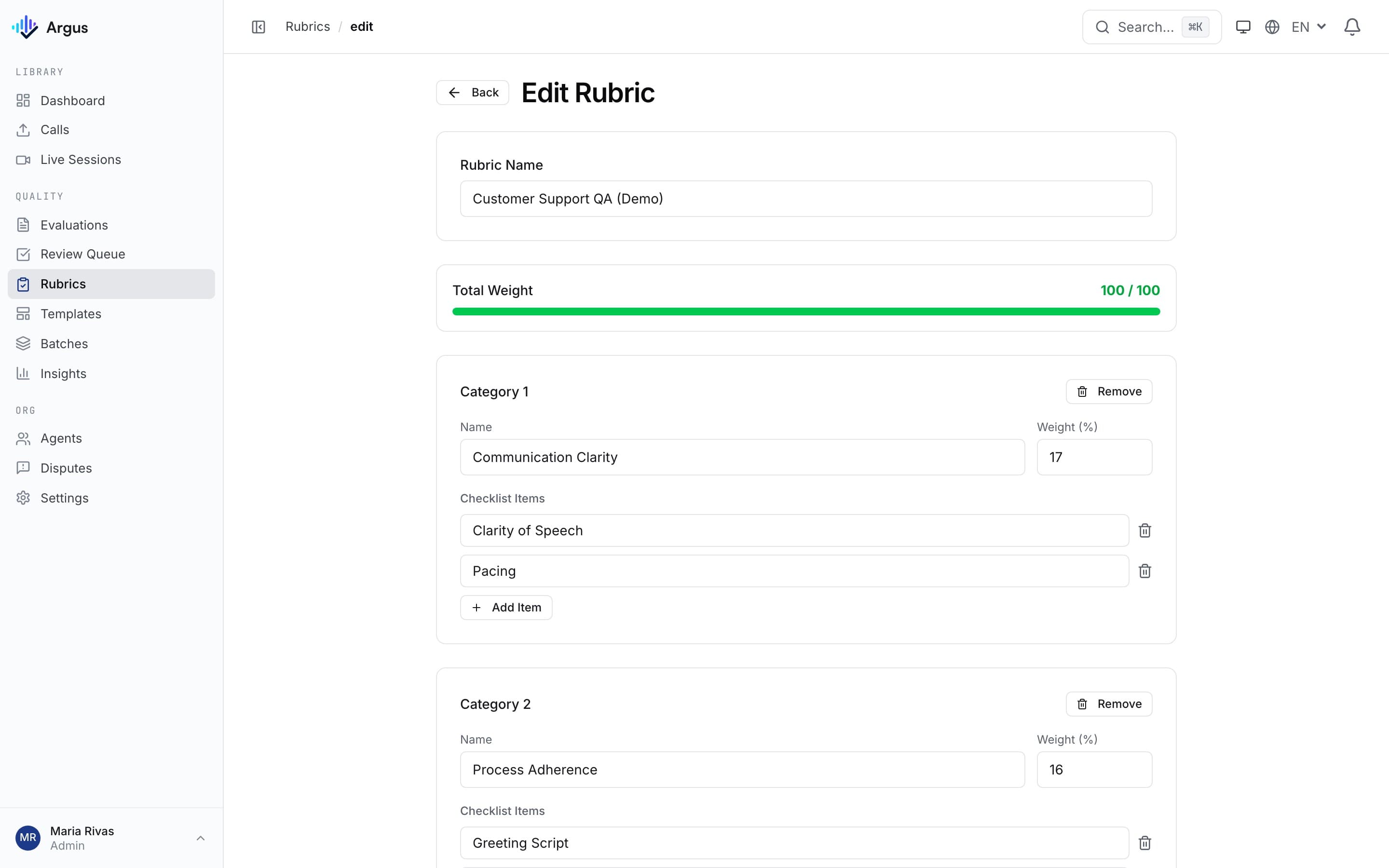 Argus rubric editor with weighted categories and checklist items