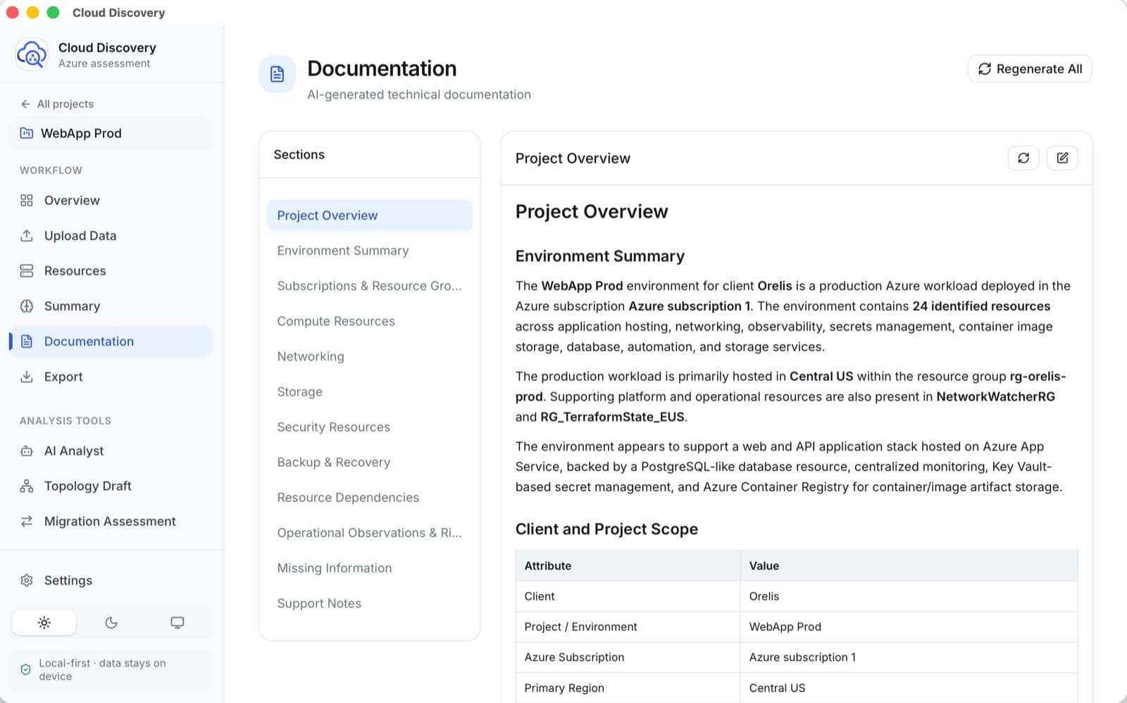 Cloud Discovery documentation workspace with AI-generated, editable technical sections