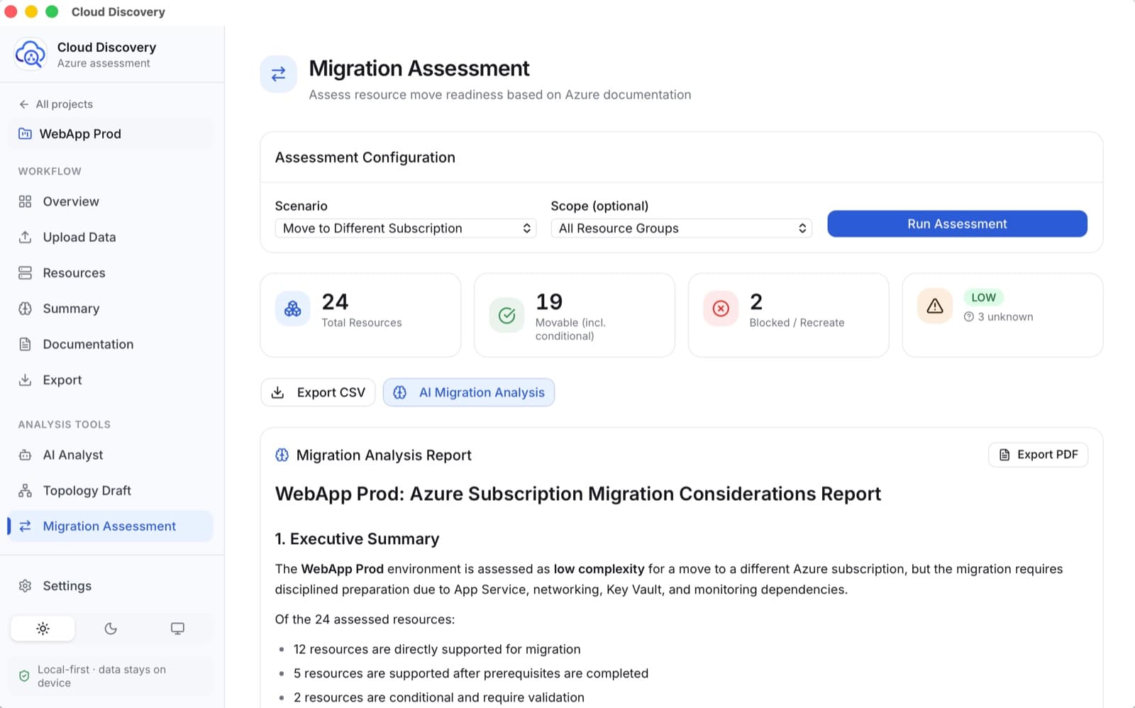 Cloud Discovery migration assessment showing movable and blocked resources for a subscription move