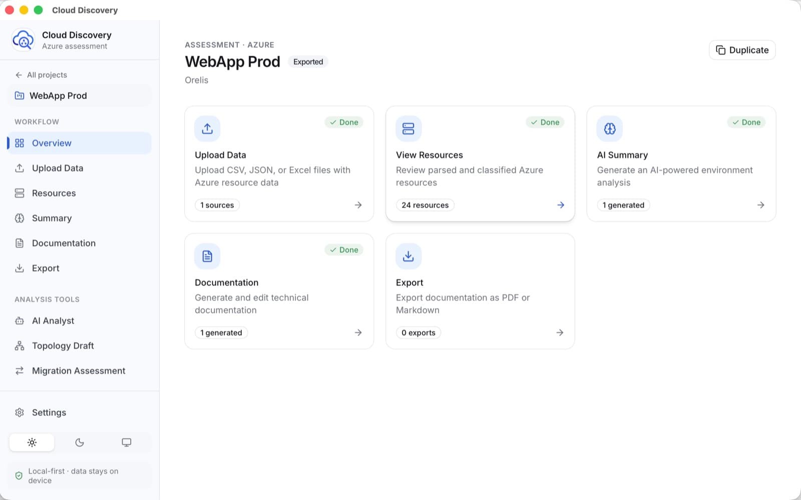 Cloud Discovery project overview with every workflow step complete, from data upload to export
