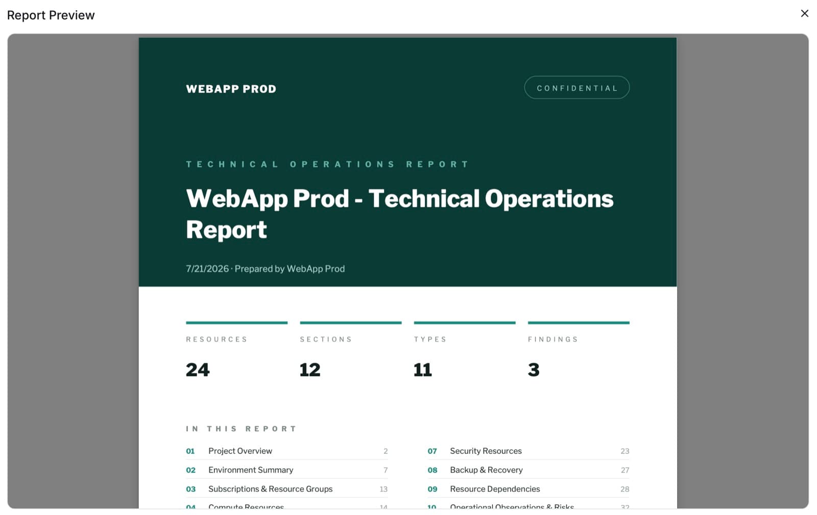 Cloud Discovery PDF report preview with cover page and table of contents