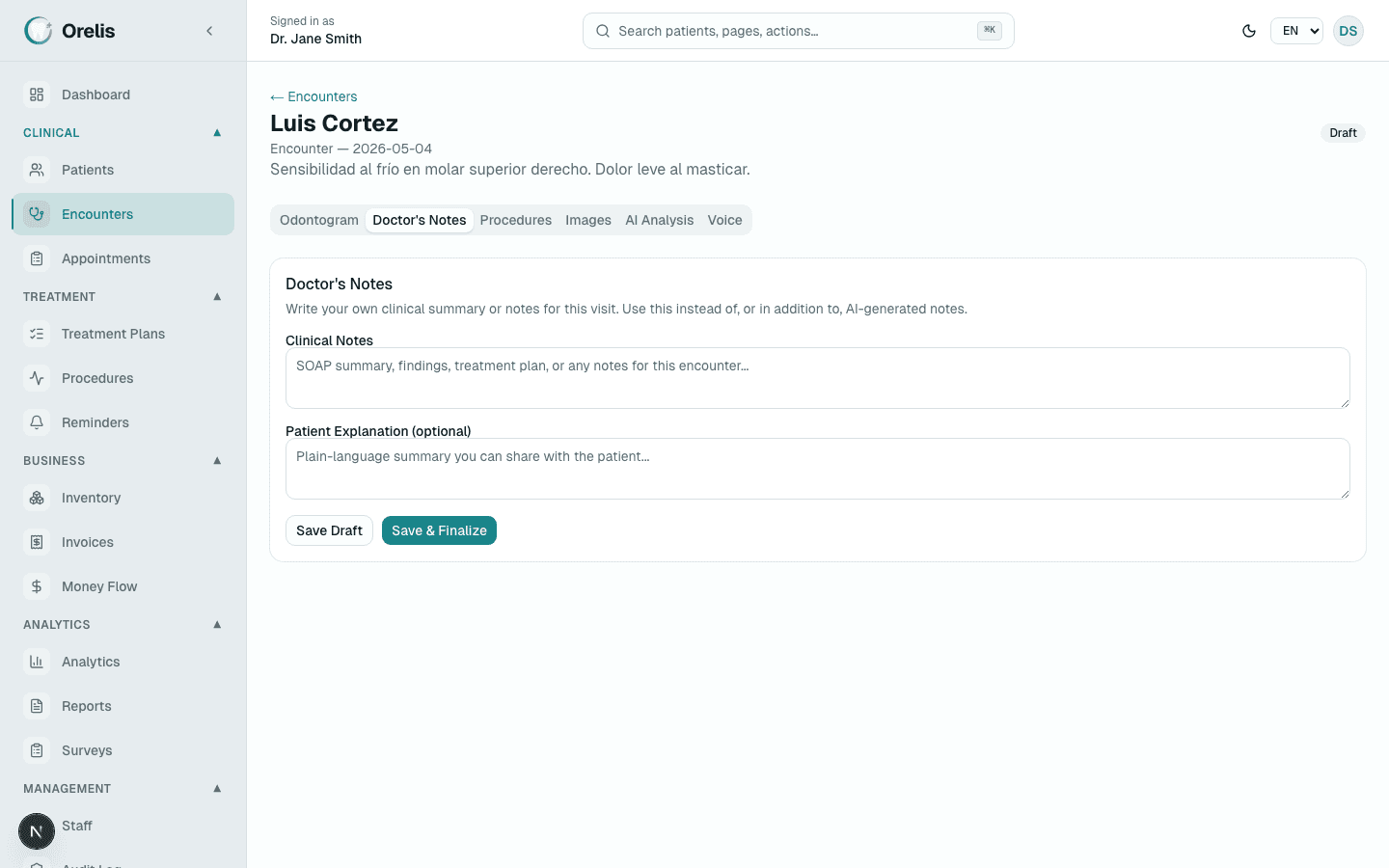 Orelis encounter screen with an AI-drafted SOAP clinical note