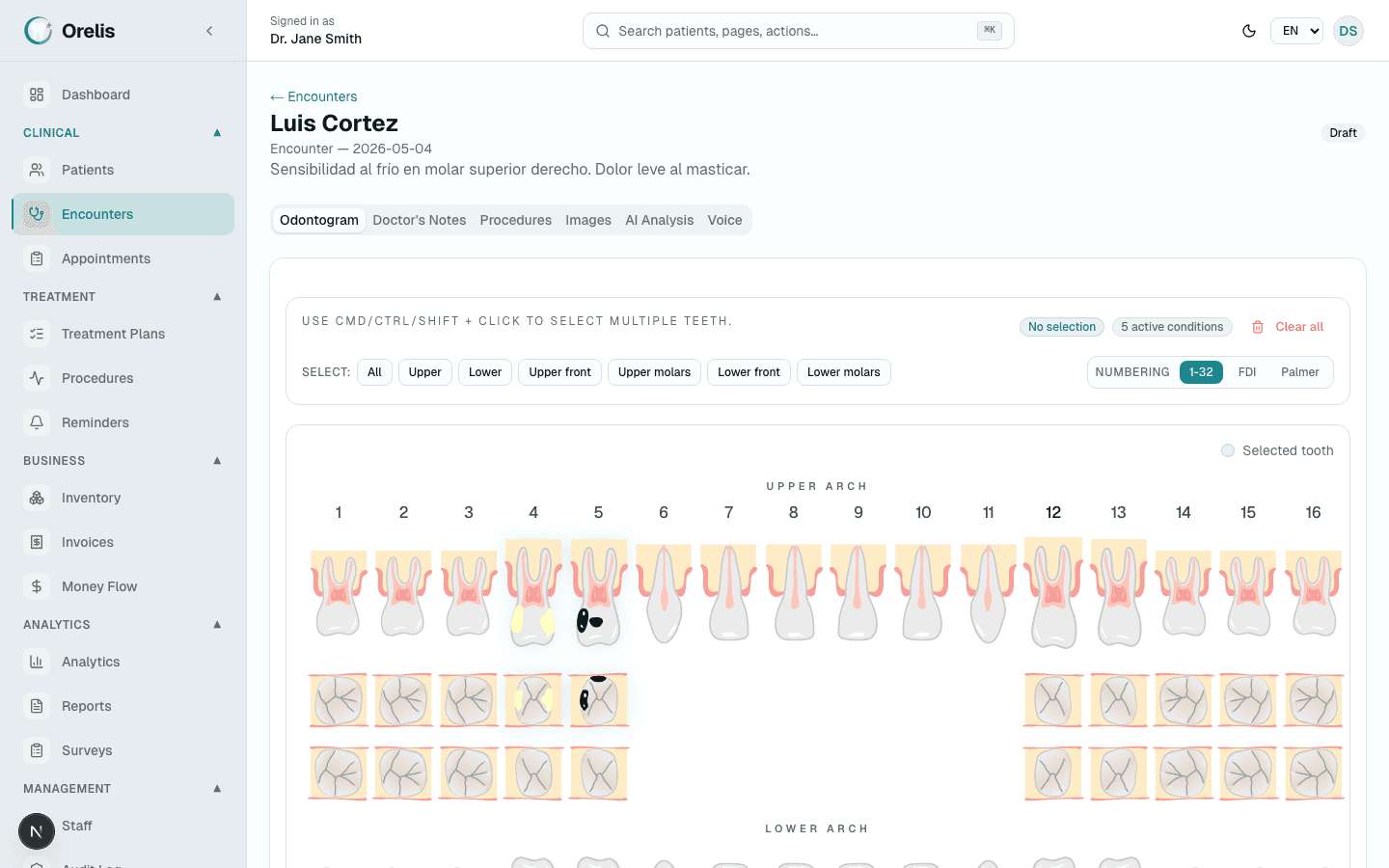 Orelis interactive odontogram tooth chart